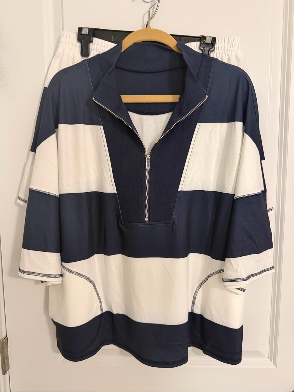 2 piece set-Womens Half-Zip Rugby Pullover Shirt - Navy and White